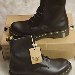Dr. Martens Black Leather 8-Eye Lace-Up Combat Boots with Yellow Stitching